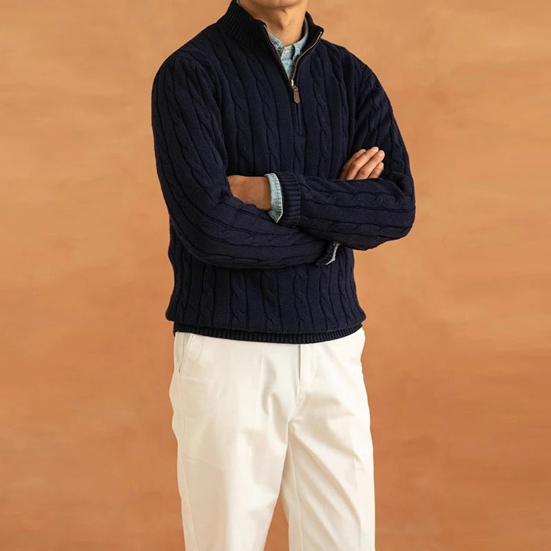 Men's cable knit half-zip mock neck sweater