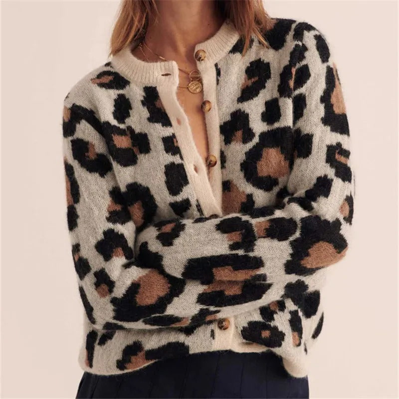 Women's leopard pattern cardigan with long sleeves and button front