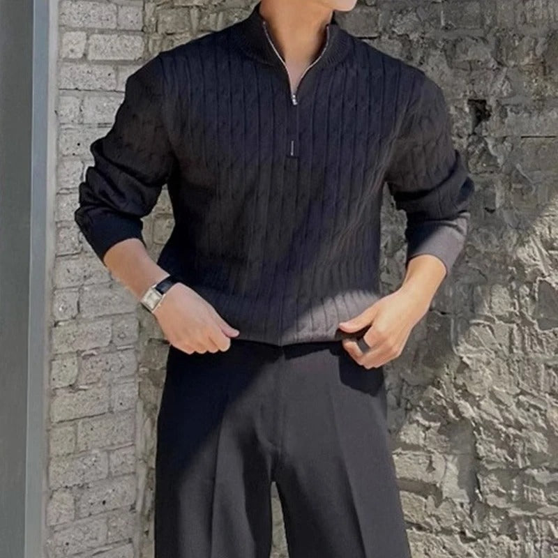 Men's textured jacquard sweater with zipped stand collar and long sleeves
