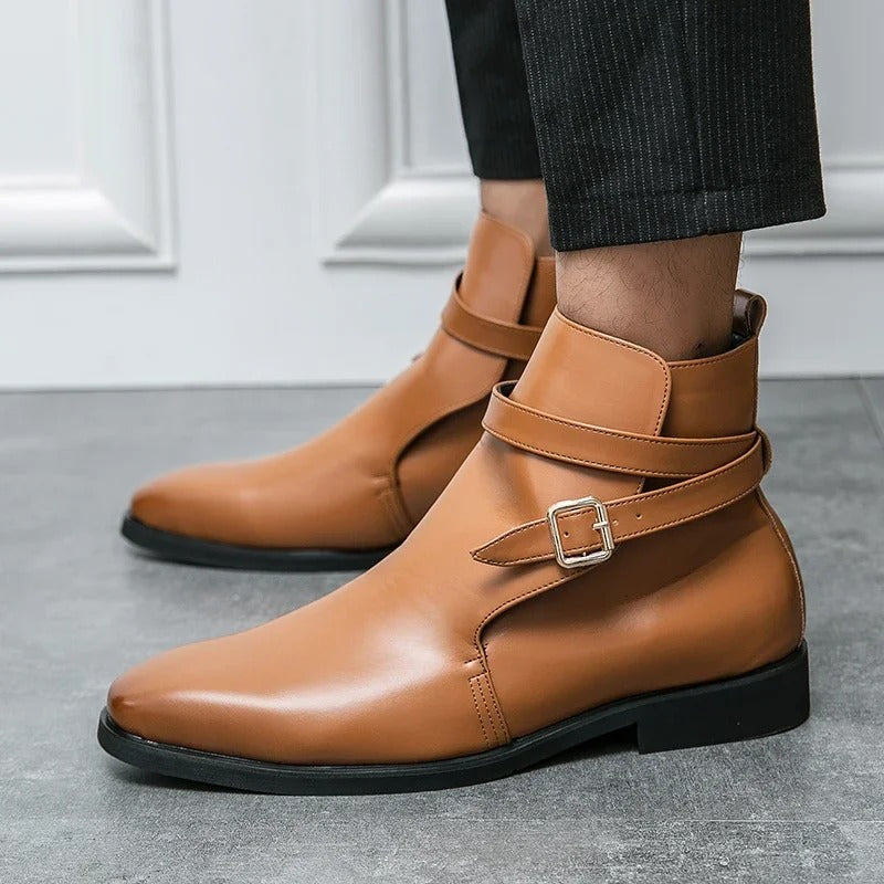 Men's ankle boots with square toe and buckle strap