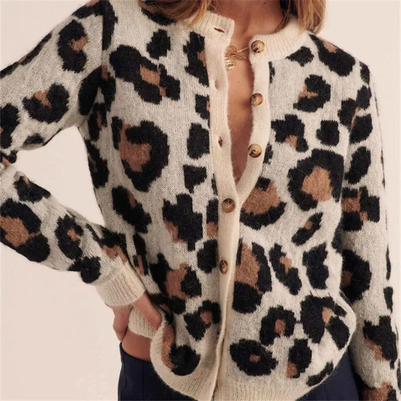 Women's leopard pattern cardigan with long sleeves and button front