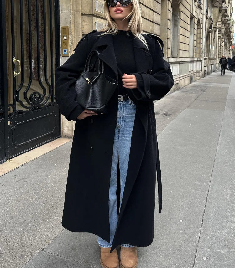 Women's black oversized long coat with lapel collar and button front