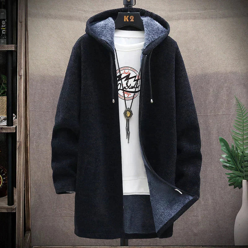 Men's hooded knit jacket with full zipper and lined hood