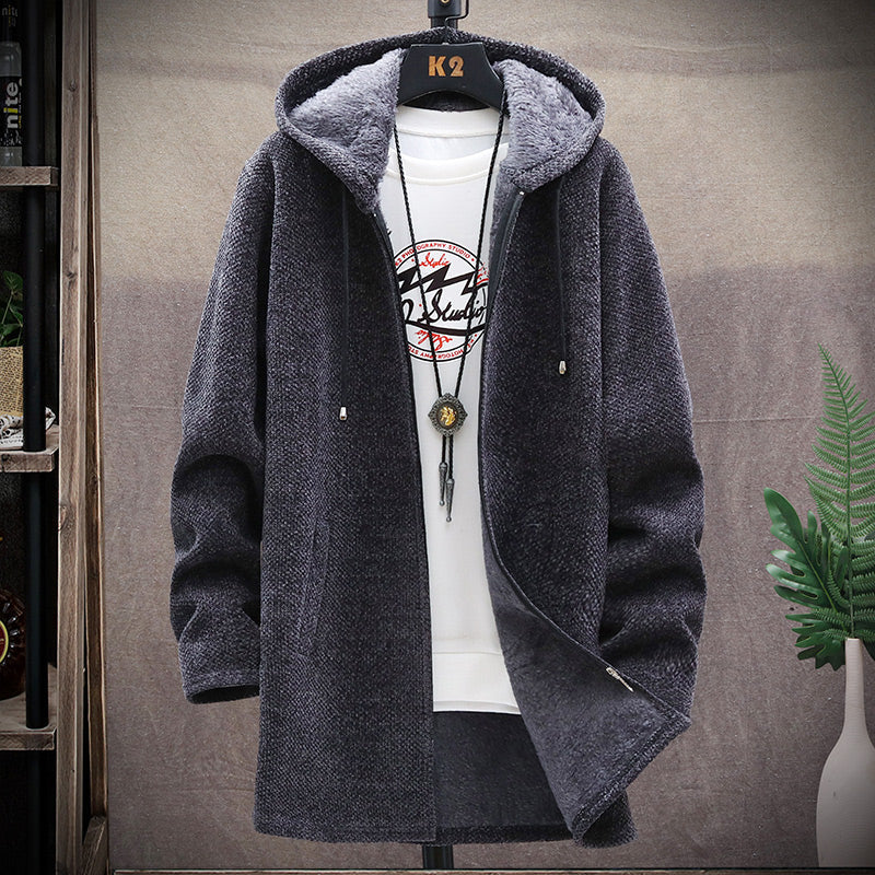 Men's hooded knit jacket with full zipper and lined hood