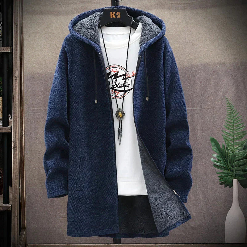 Men's hooded knit jacket with full zipper and lined hood
