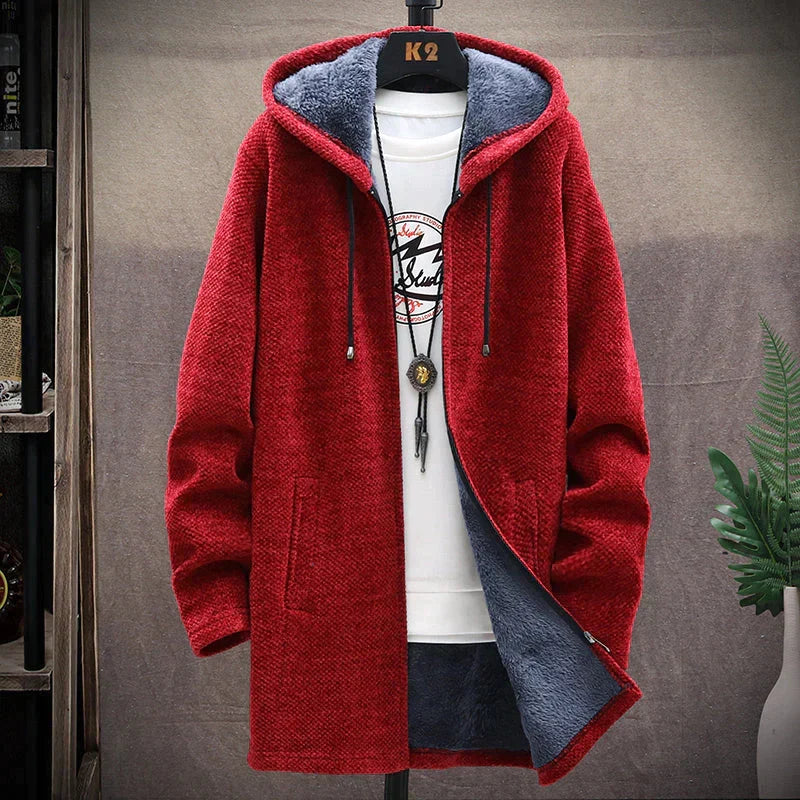 Men's hooded knit jacket with full zipper and lined hood