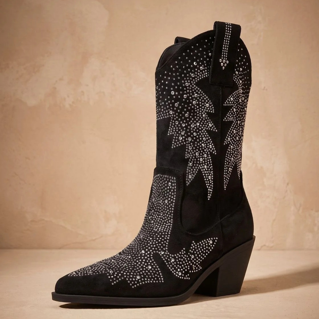 Black women's cowboy boots with rhinestone western motifs and mid block heels