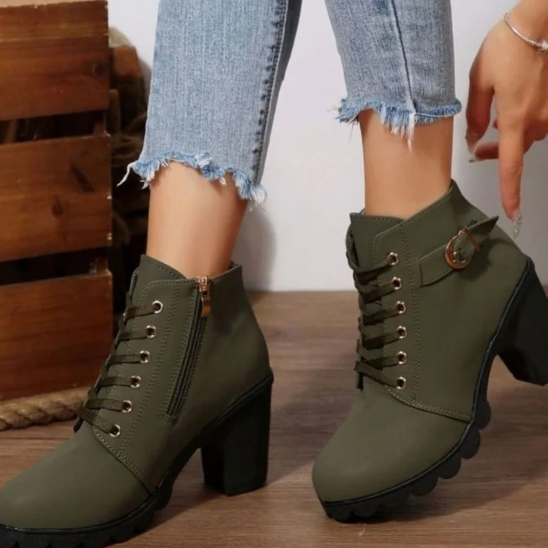 Women's lace-up ankle boots with side buckle and high block heel