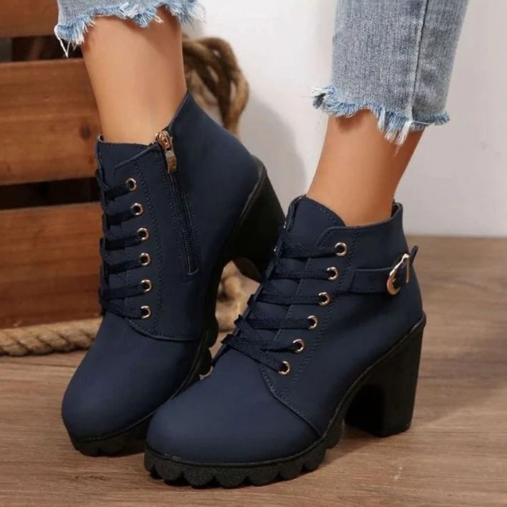 Women's lace-up ankle boots with side buckle and high block heel