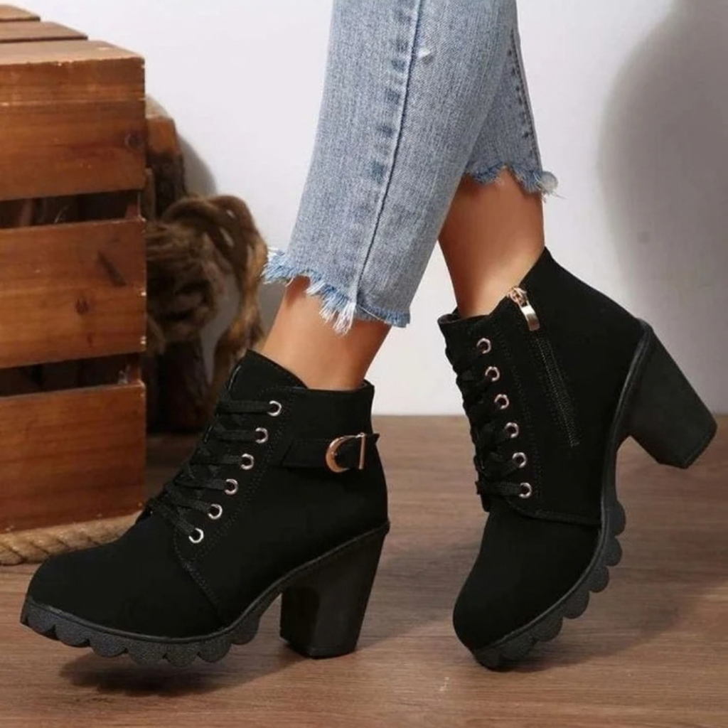 Women's lace-up ankle boots with side buckle and high block heel