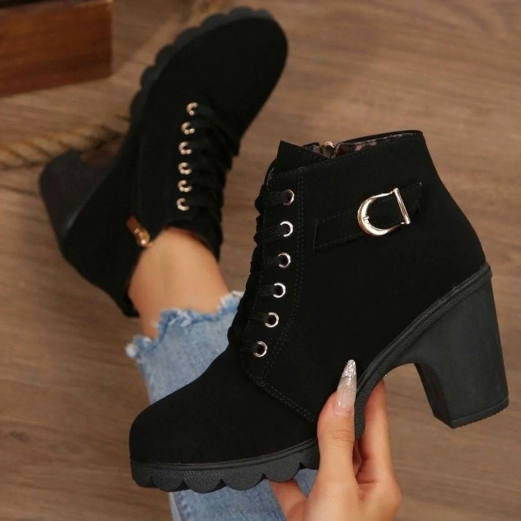 Women's lace-up ankle boots with side buckle and high block heel