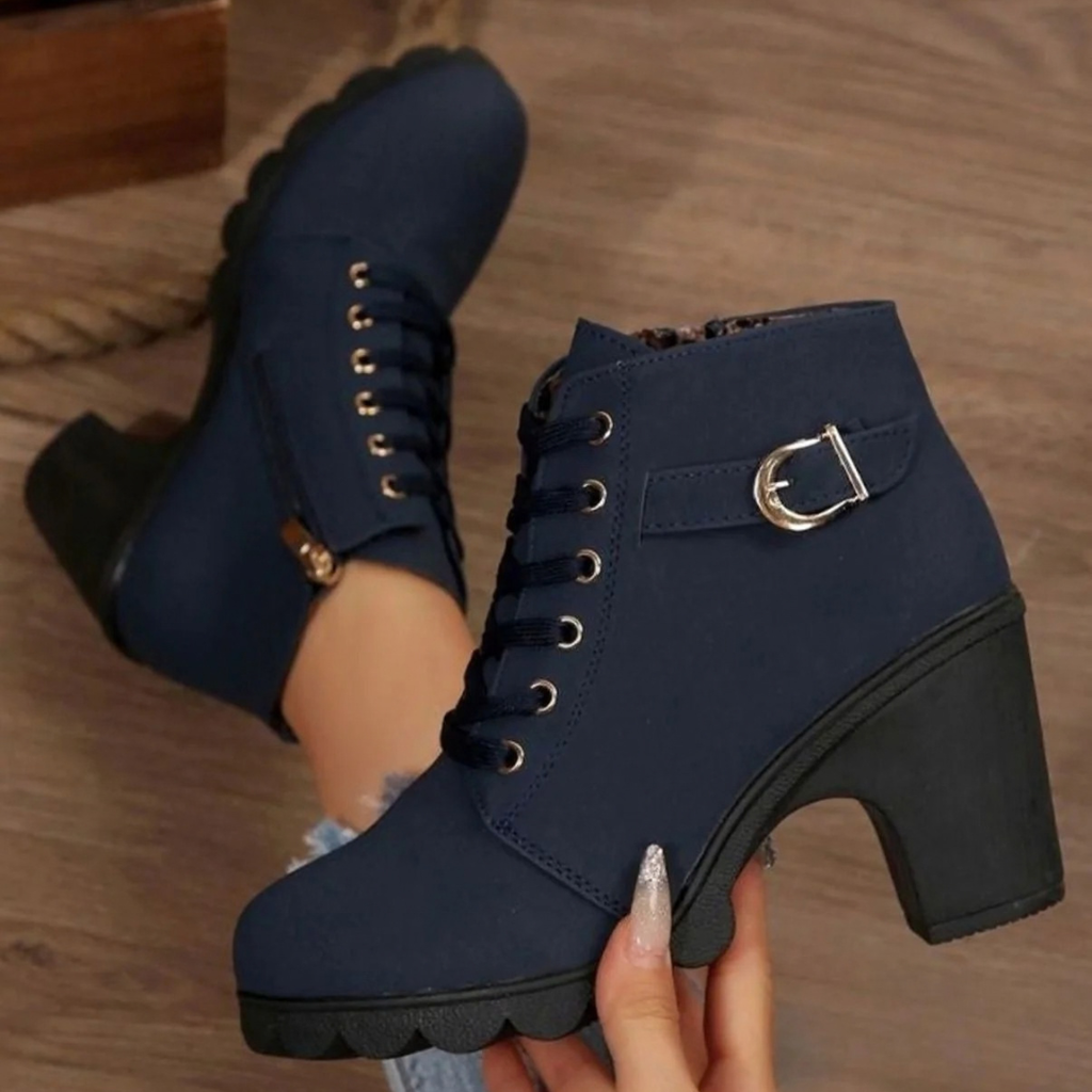 Women's lace-up ankle boots with side buckle and high block heel