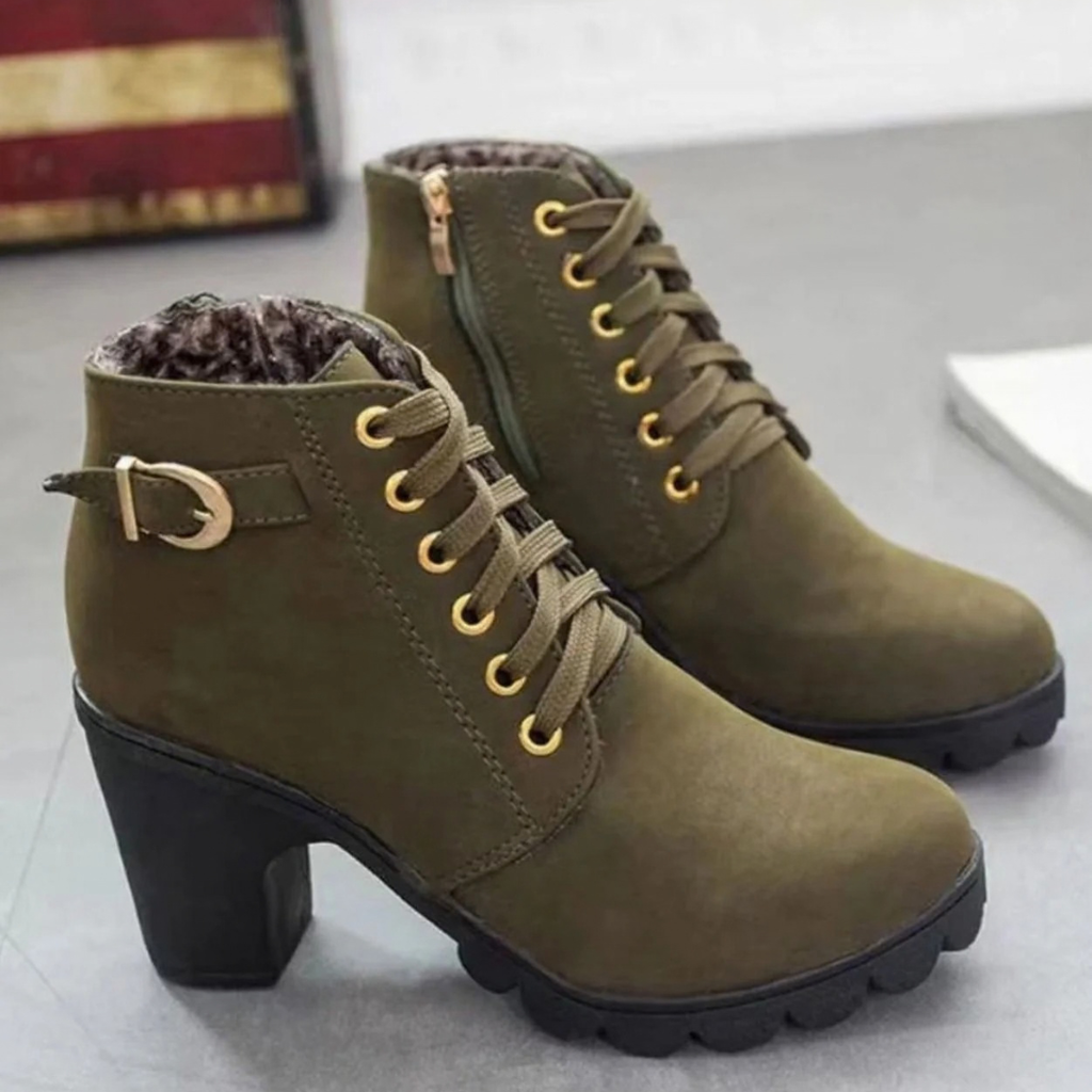 Women's lace-up ankle boots with side buckle and high block heel