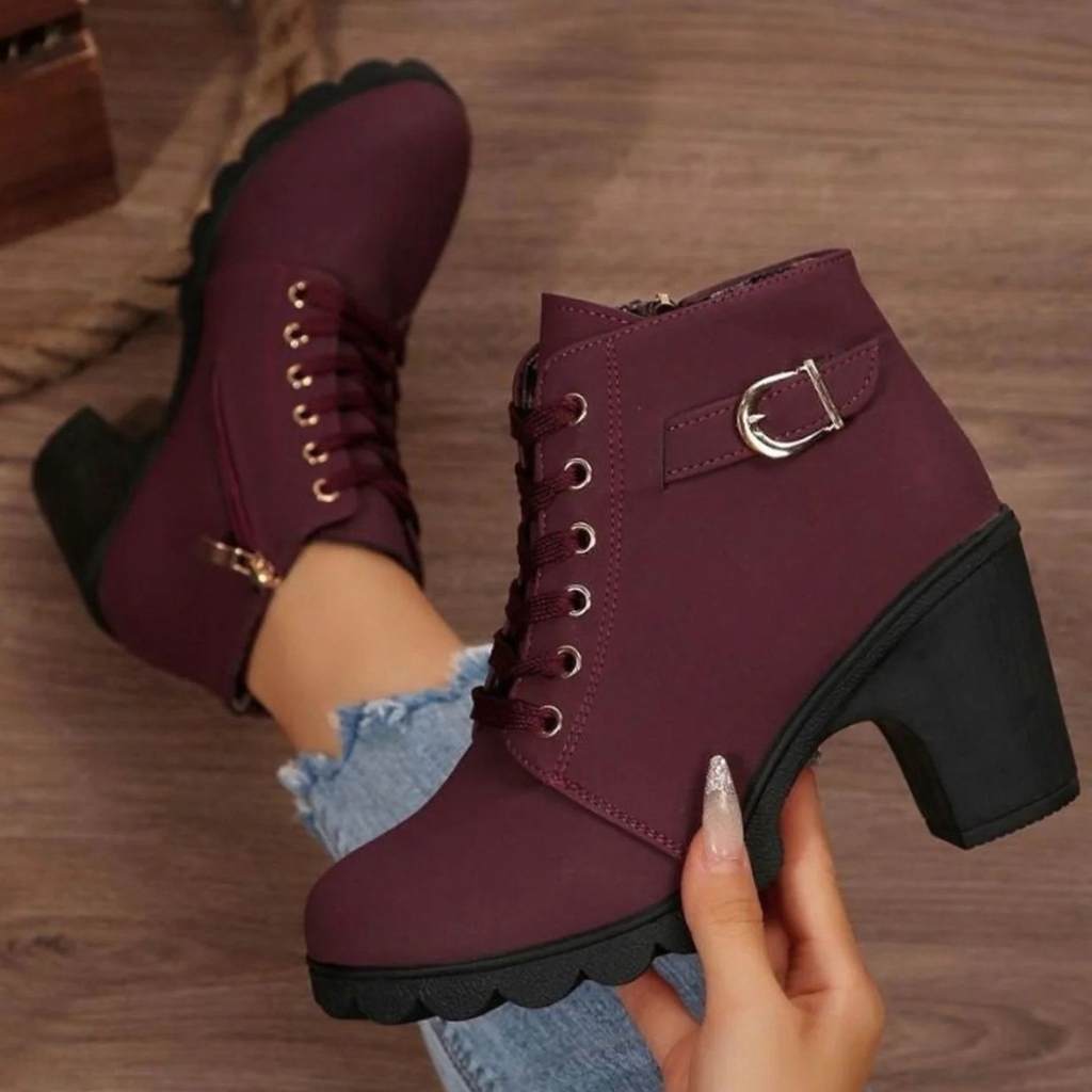 Women's lace-up ankle boots with side buckle and high block heel