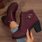 Women's lace-up ankle boots with side buckle and high block heel