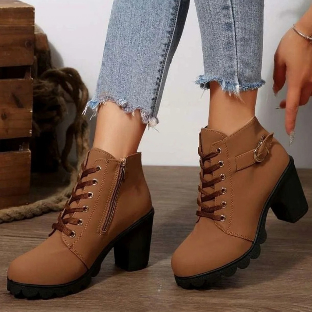 Women's lace-up ankle boots with side buckle and high block heel