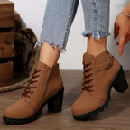 Women's lace-up ankle boots with side buckle and high block heel