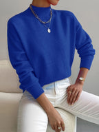 Women's plain mock neck sweater with long sleeves and ribbed trims