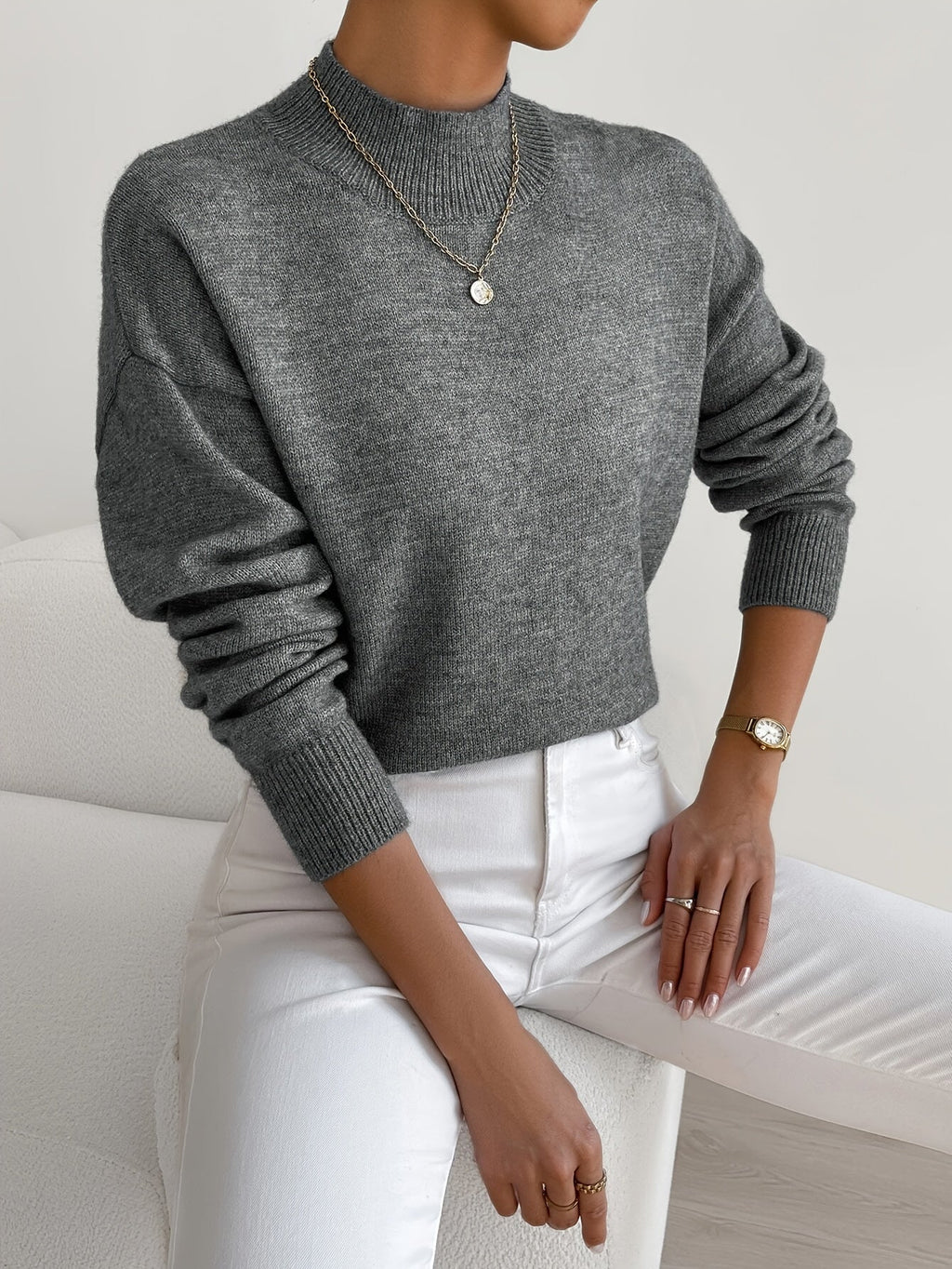 Women's plain mock neck sweater with long sleeves and ribbed trims