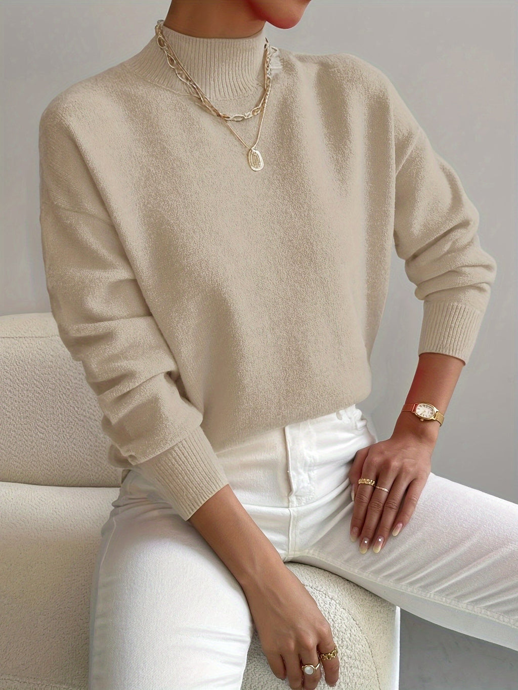 Women's plain mock neck sweater with long sleeves and ribbed trims