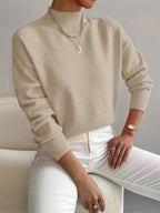 Women's plain mock neck sweater with long sleeves and ribbed trims