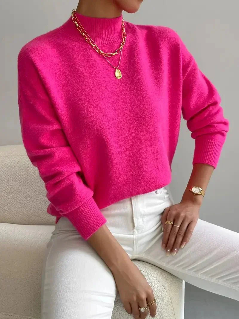 Women's plain mock neck sweater with long sleeves and ribbed trims