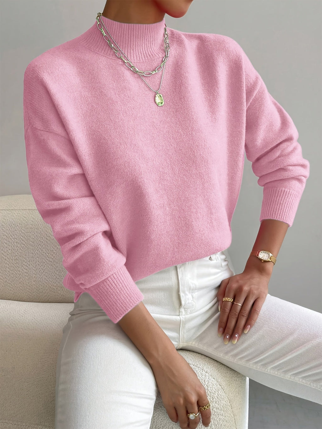 Women's plain mock neck sweater with long sleeves and ribbed trims
