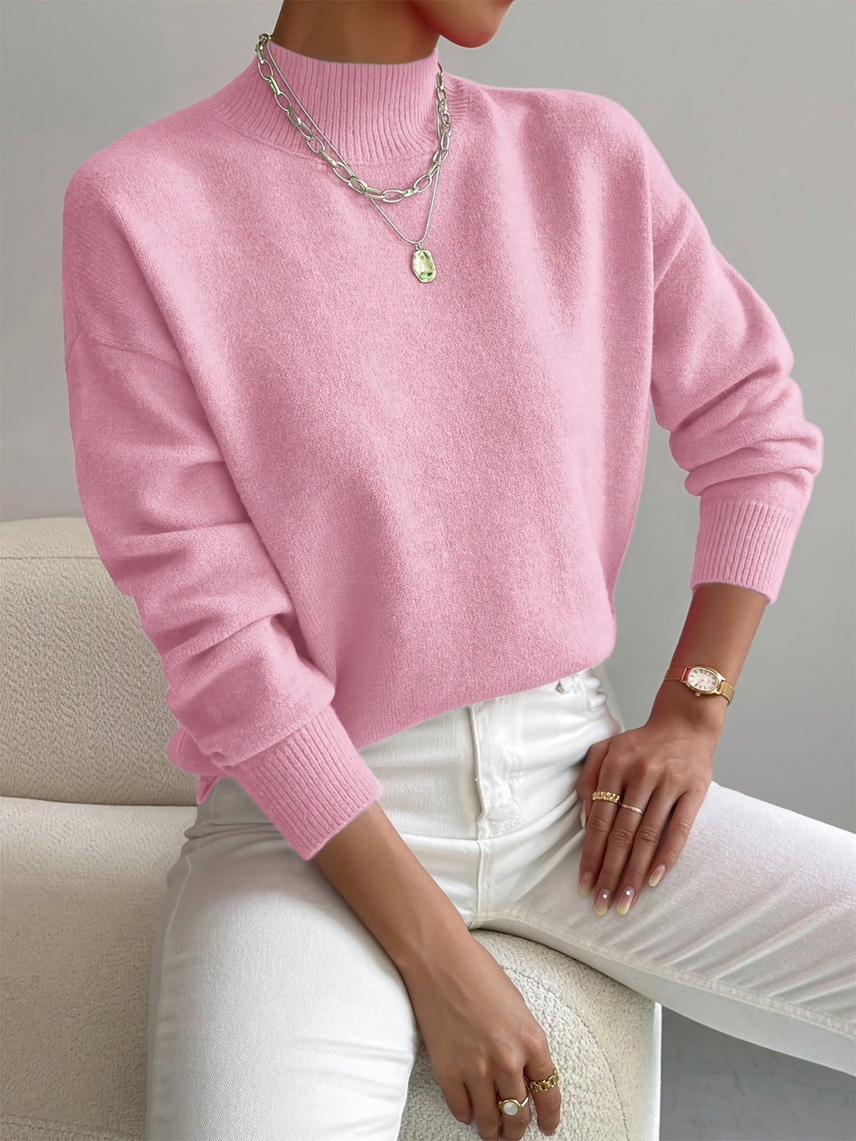 Women's plain mock neck sweater with long sleeves and ribbed trims