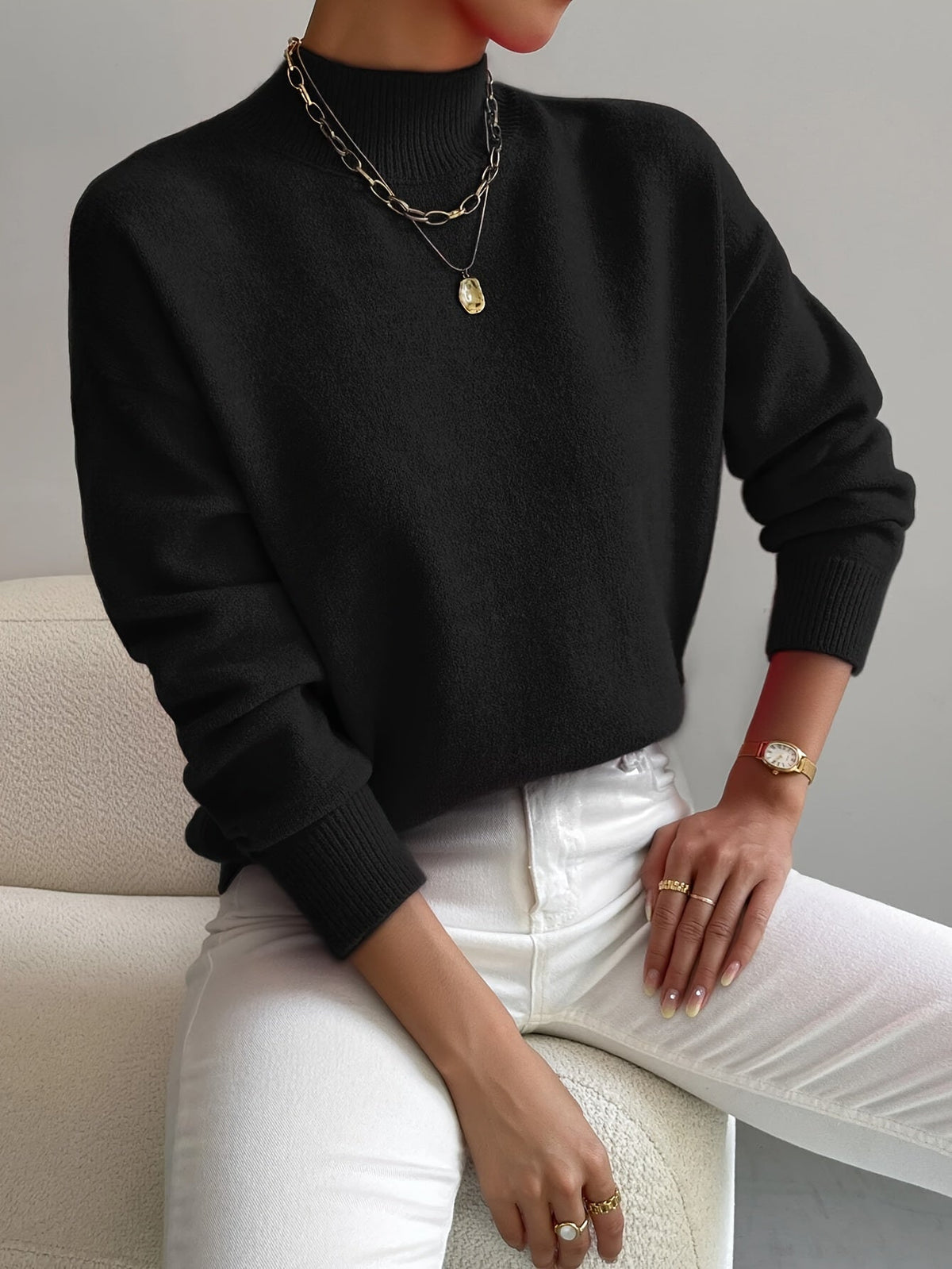 Women's plain mock neck sweater with long sleeves and ribbed trims