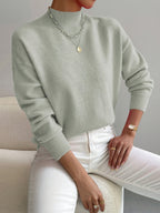 Women's plain mock neck sweater with long sleeves and ribbed trims