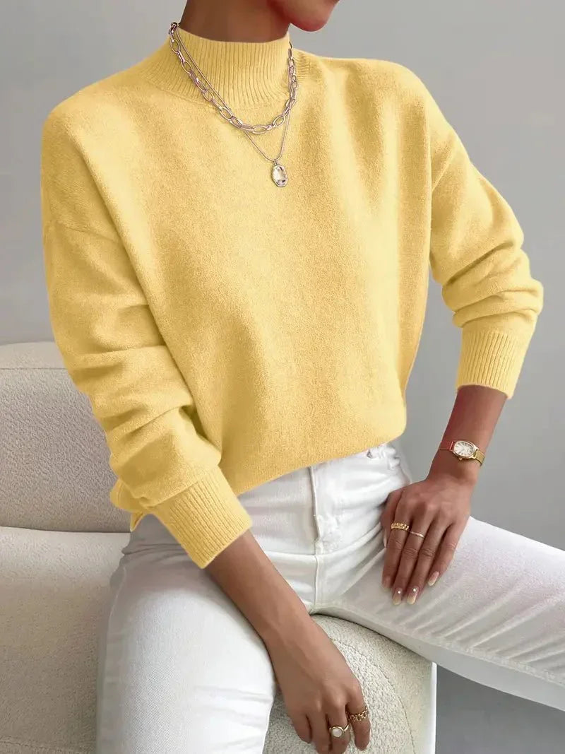 Women's plain mock neck sweater with long sleeves and ribbed trims