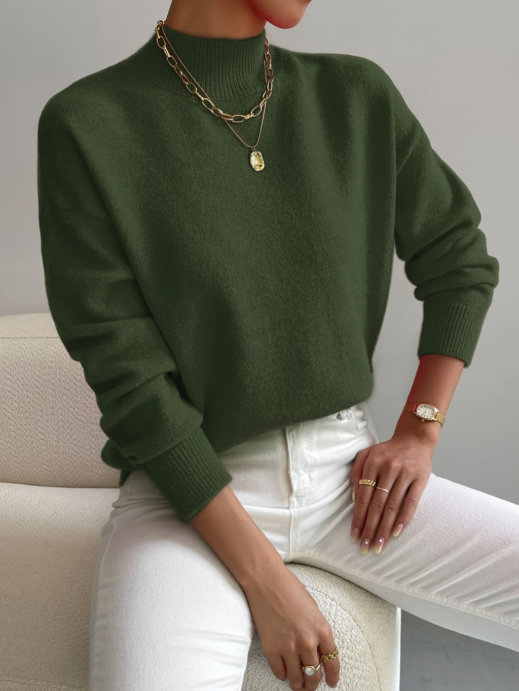 Women's plain mock neck sweater with long sleeves and ribbed trims
