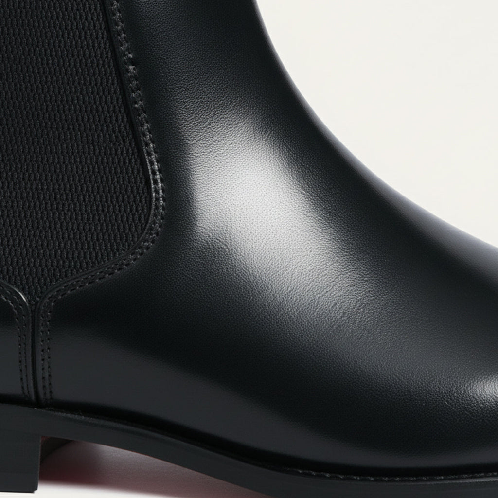 Men's pointed toe Chelsea boots with elastic side panels and low heel