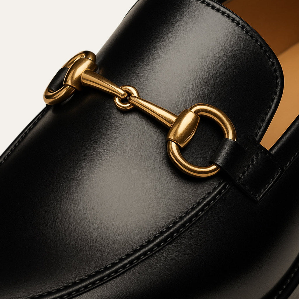 Men's black glossy horsebit loafers with round toe