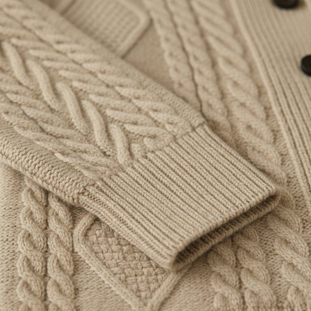 Men's textured knit cardigan with shawl collar, buttons and front patch pockets