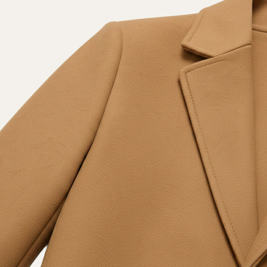 Men's long button-front overcoat with notched lapels and side pockets