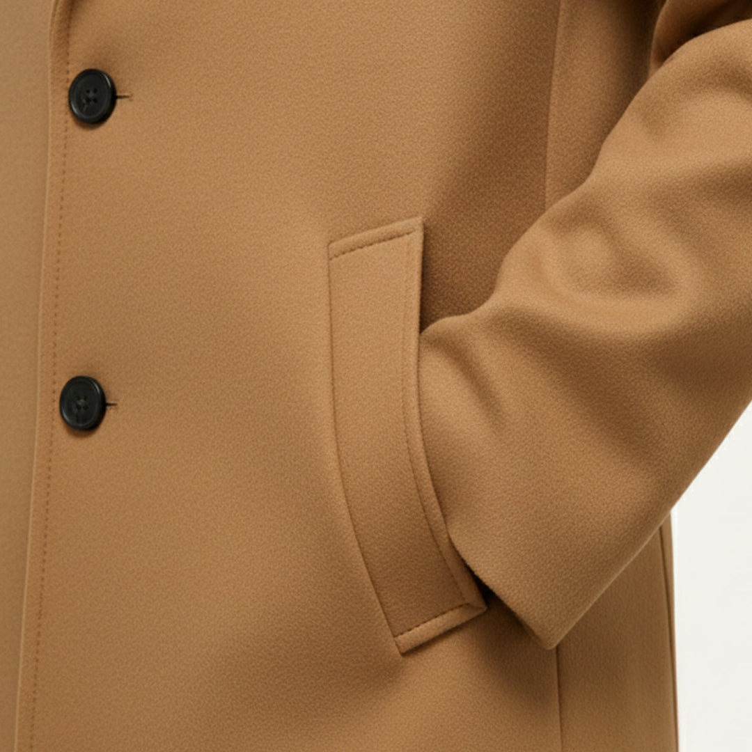 Men's long button-front overcoat with notched lapels and side pockets