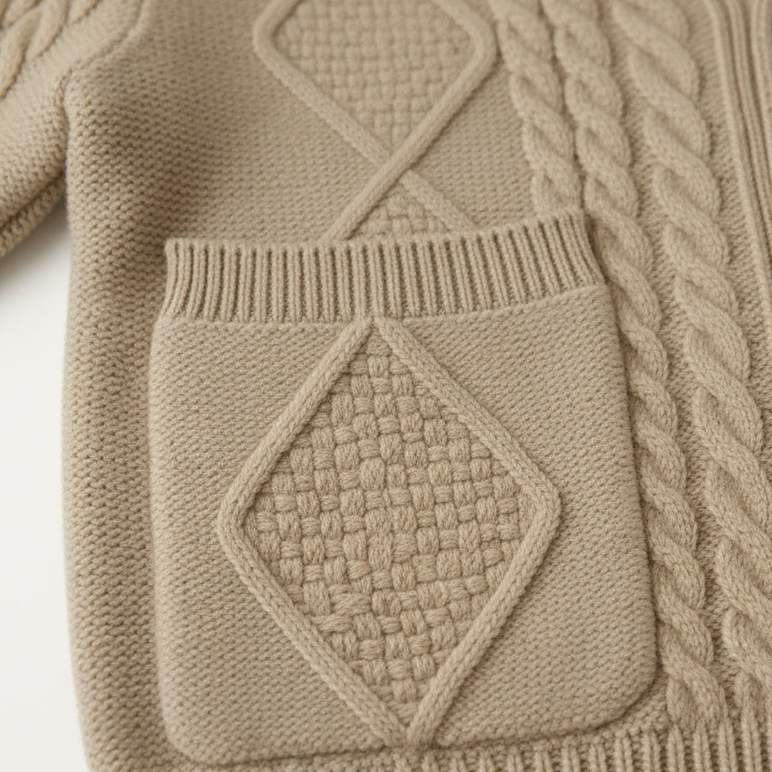 Men's textured knit cardigan with shawl collar, buttons and front patch pockets