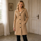 Women's long tailored trench coat with notched lapels, button front and side pockets