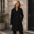 Women's long tailored trench coat with notched lapels, button front and side pockets