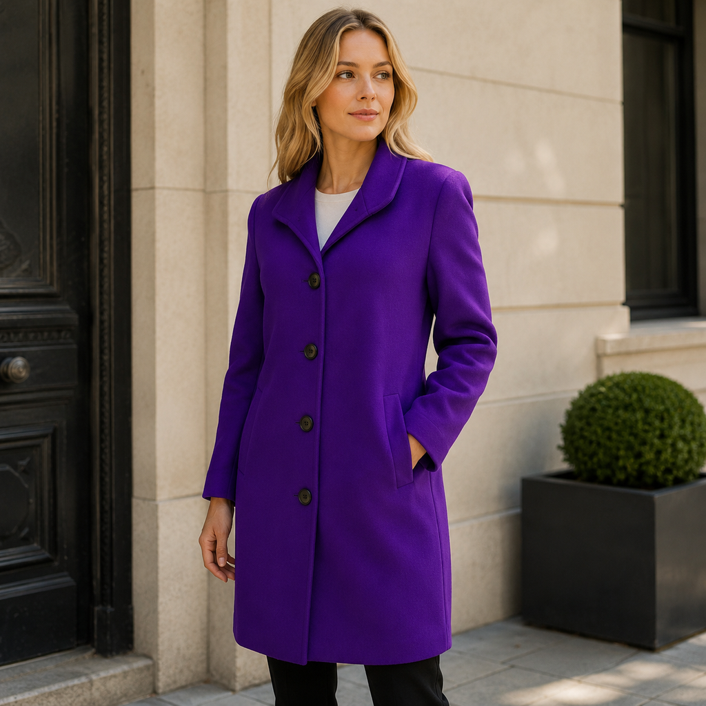 Women's long tailored trench coat with notched lapels, button front and side pockets