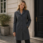 Women's long tailored trench coat with notched lapels, button front and side pockets