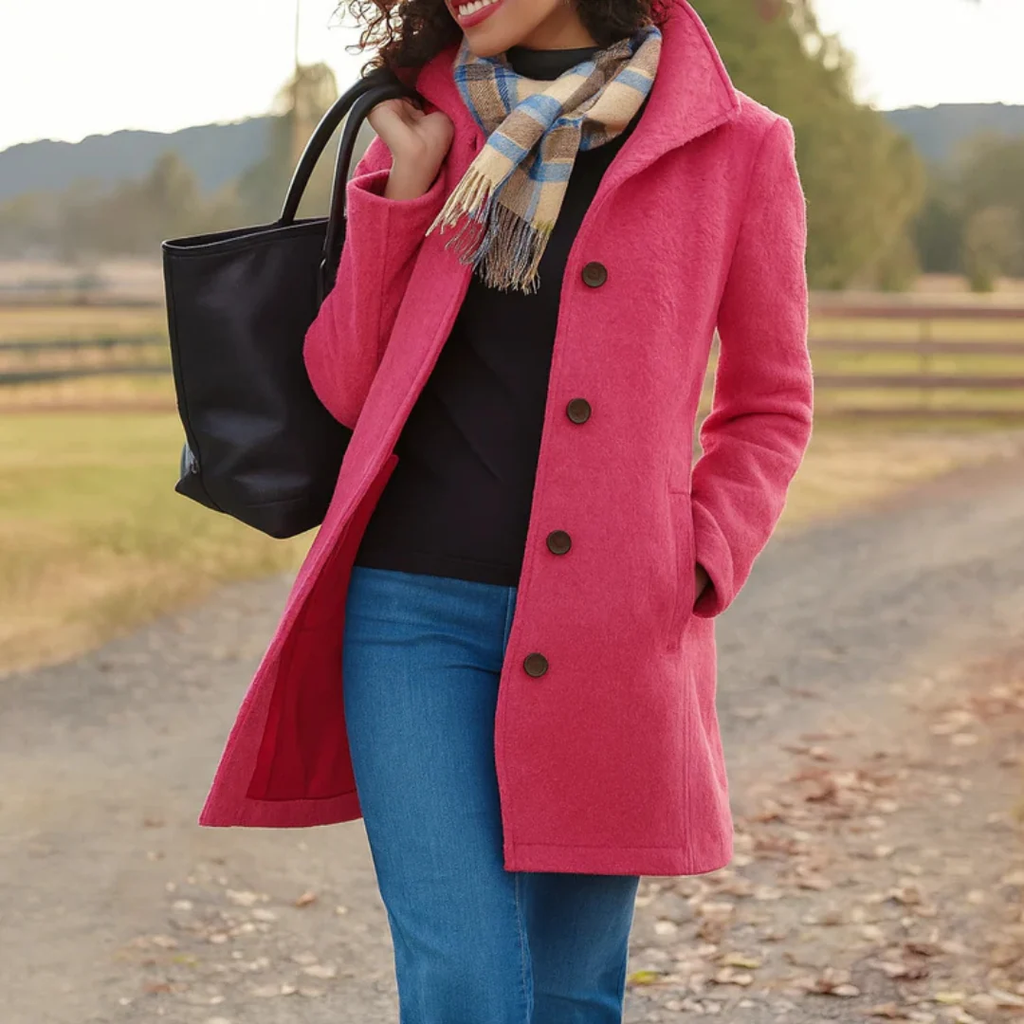 Women's long tailored trench coat with notched lapels, button front and side pockets