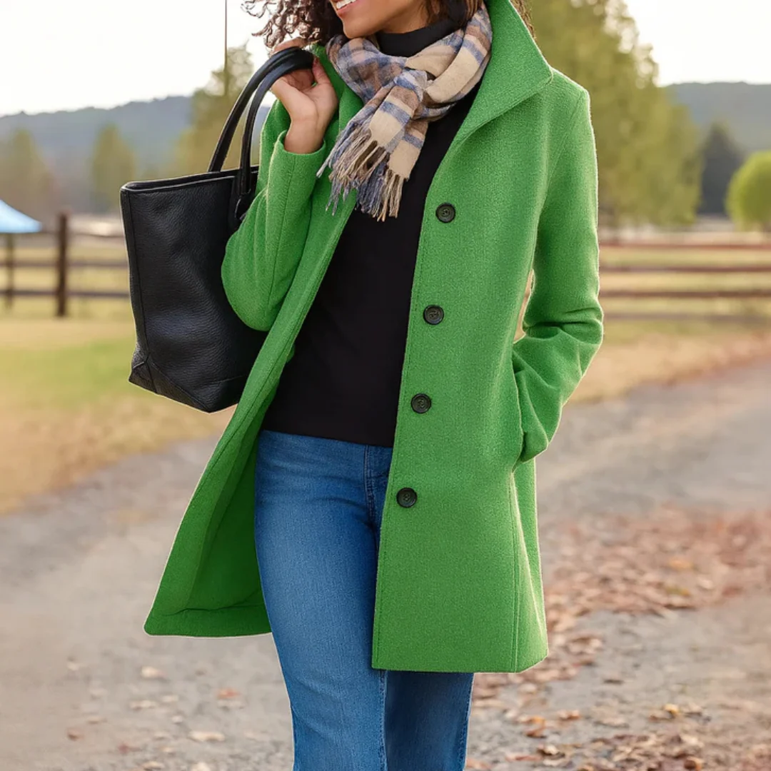 Women's long tailored trench coat with notched lapels, button front and side pockets