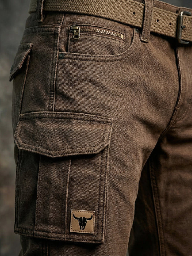 Men's brown cargo trousers with belt and button-flap utility pockets