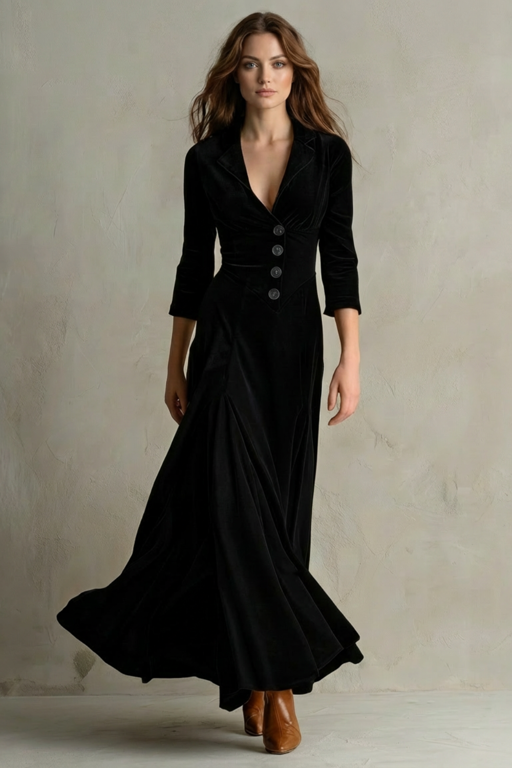 Women's Buttoned Lapel Velvet Maxi Dress