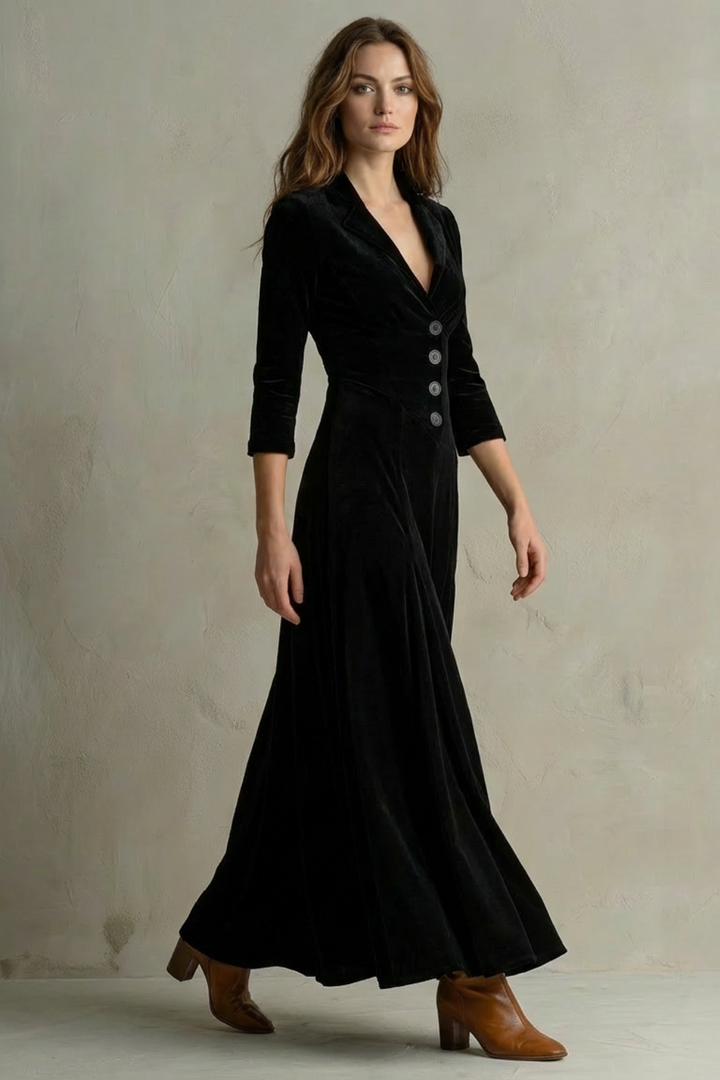 Women's Buttoned Lapel Velvet Maxi Dress
