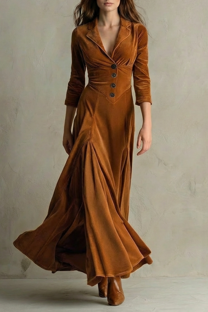 Women's Buttoned Lapel Velvet Maxi Dress
