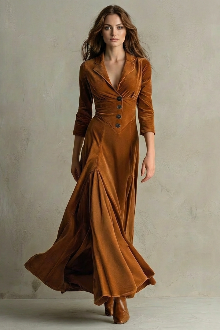 Women's Buttoned Lapel Velvet Maxi Dress