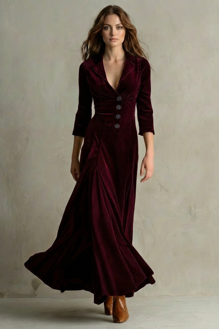 Women's Buttoned Lapel Velvet Maxi Dress
